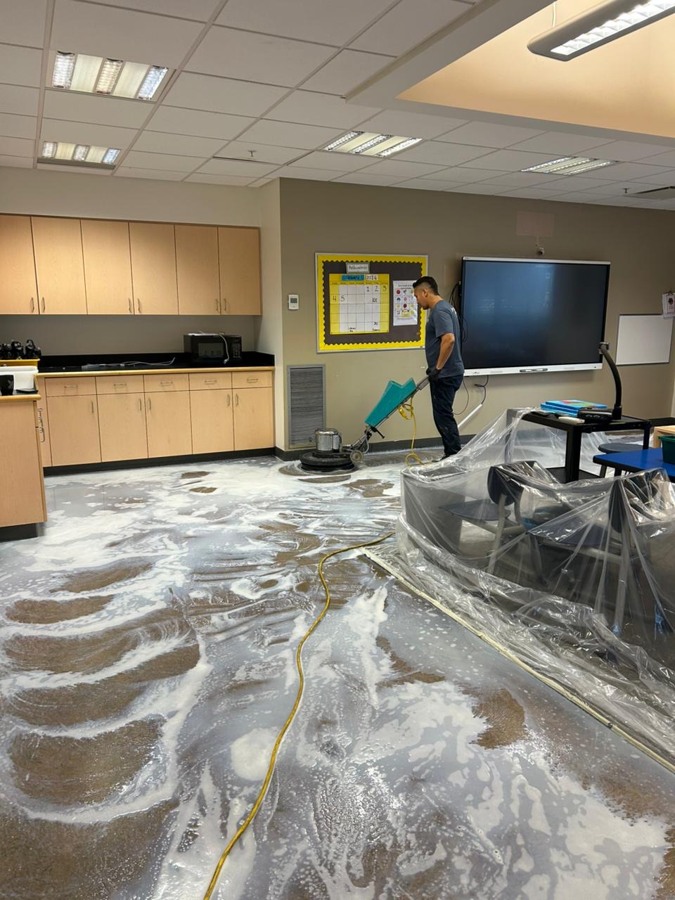 School floor scrubbing